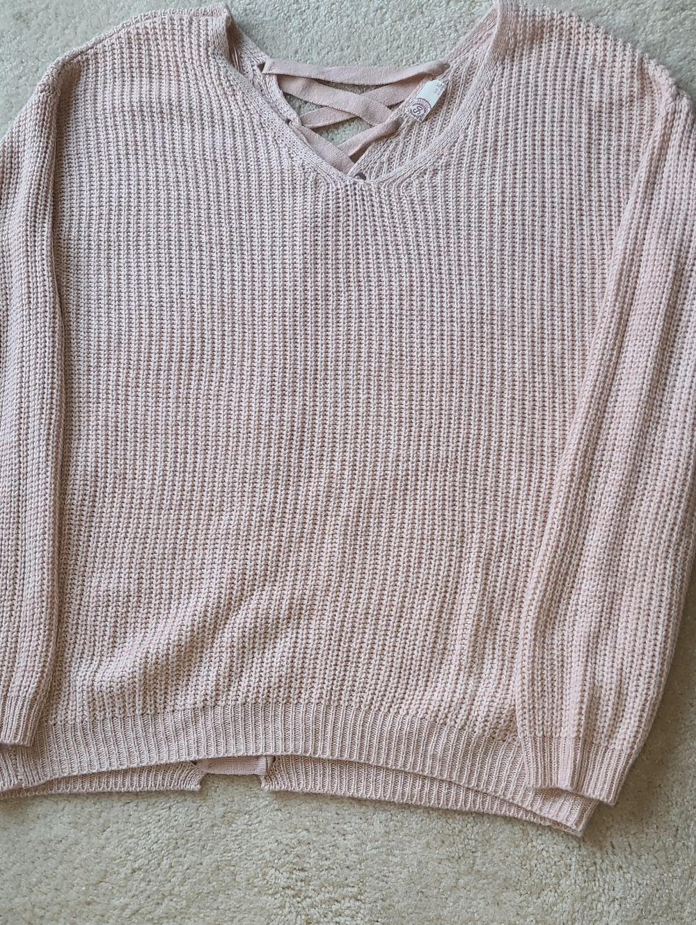 SO Blush Pink V-Neck Knit Sweater with Laced Back